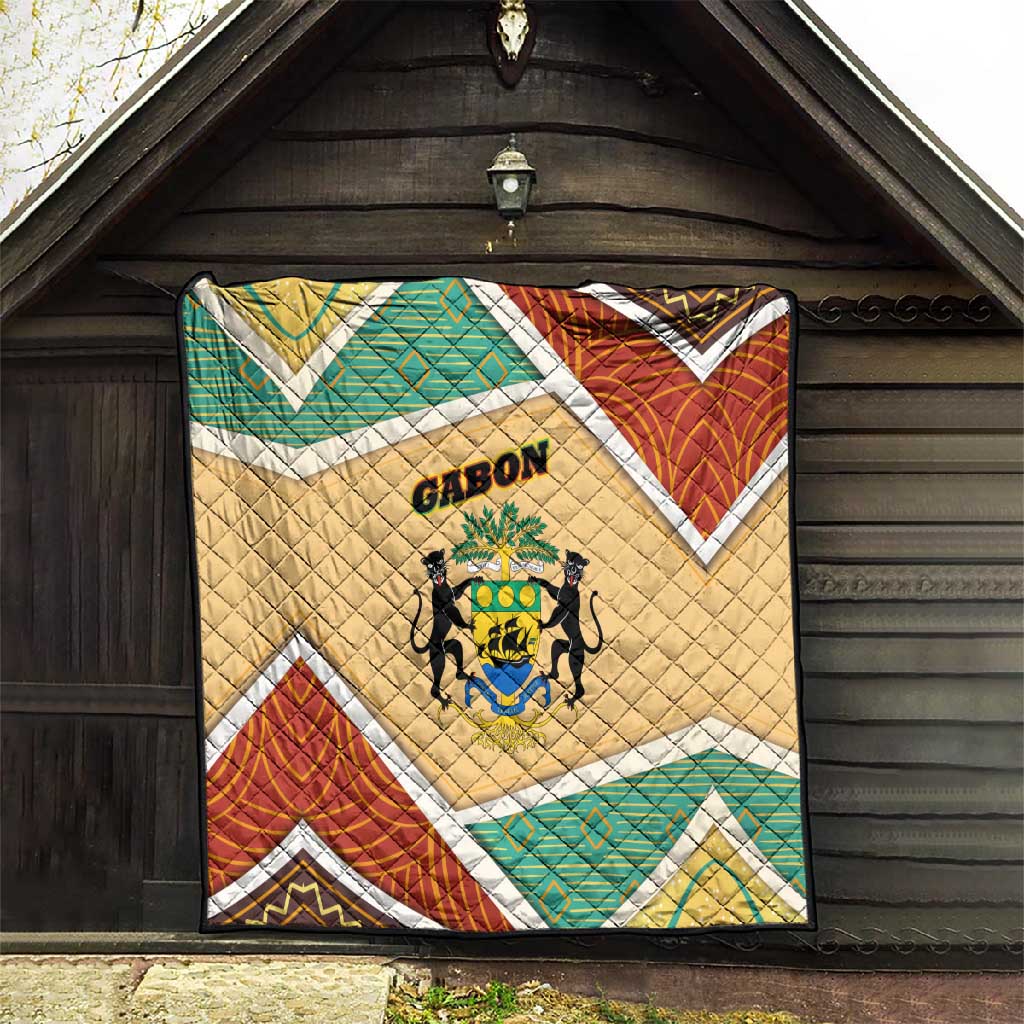 Gabon Quilt - National Coat of Arms and Tribal Pattern Map Design in Bold Colors