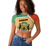 Gabon Raglan Cropped T shirt - National Coat of Arms and Tribal Pattern Map Design in Bold Colors