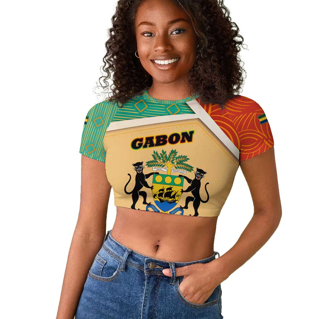 Gabon Raglan Cropped T shirt - National Coat of Arms and Tribal Pattern Map Design in Bold Colors