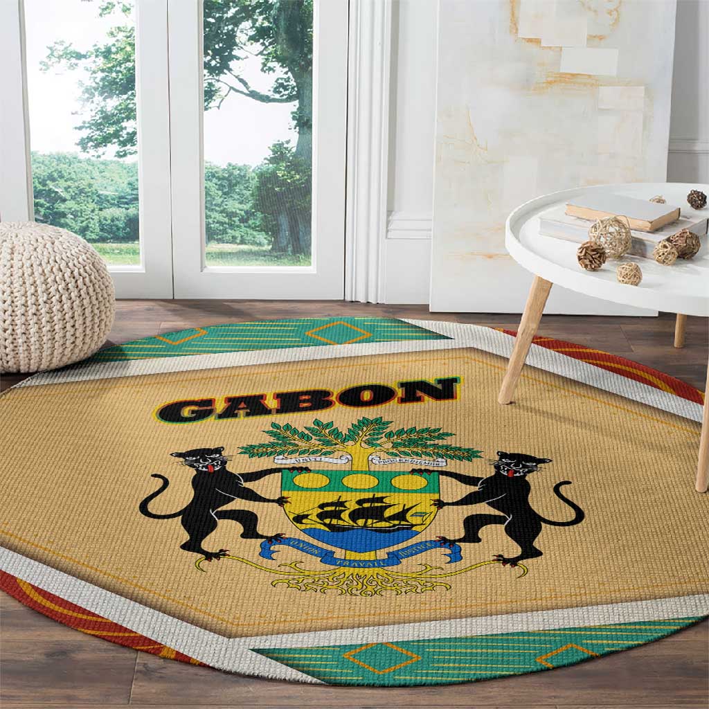 Gabon Round Carpet - National Coat of Arms and Tribal Pattern Map Design in Bold Colors
