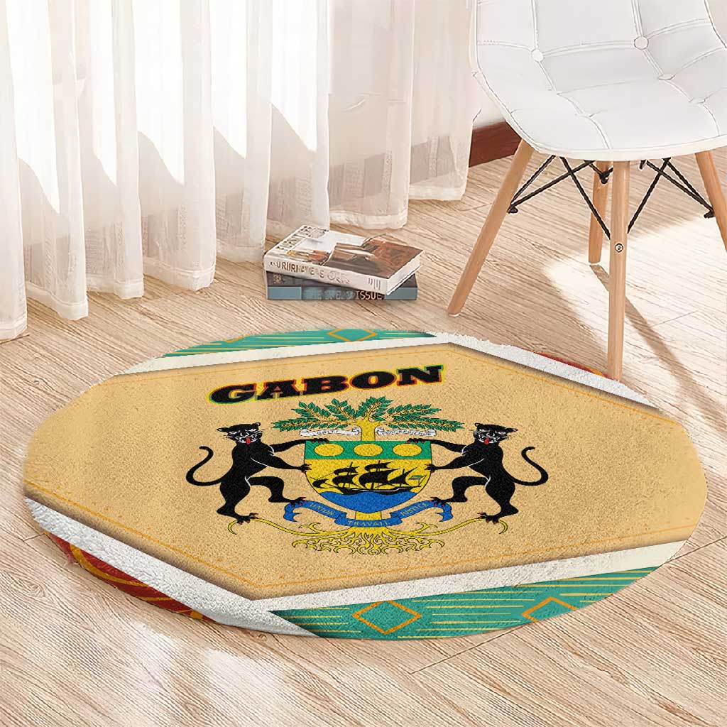 Gabon Round Carpet - National Coat of Arms and Tribal Pattern Map Design in Bold Colors