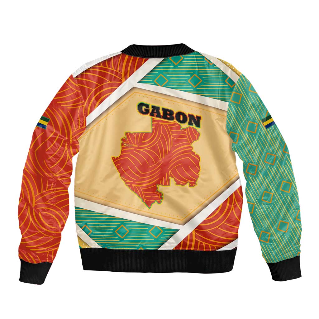 Gabon Sleeve Zip Bomber Jacket - National Coat of Arms and Tribal Pattern Map Design in Bold Colors