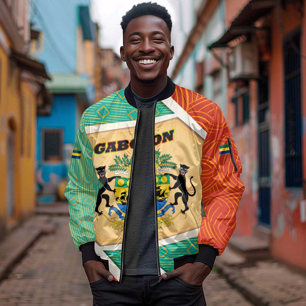 Gabon Sleeve Zip Bomber Jacket - National Coat of Arms and Tribal Pattern Map Design in Bold Colors