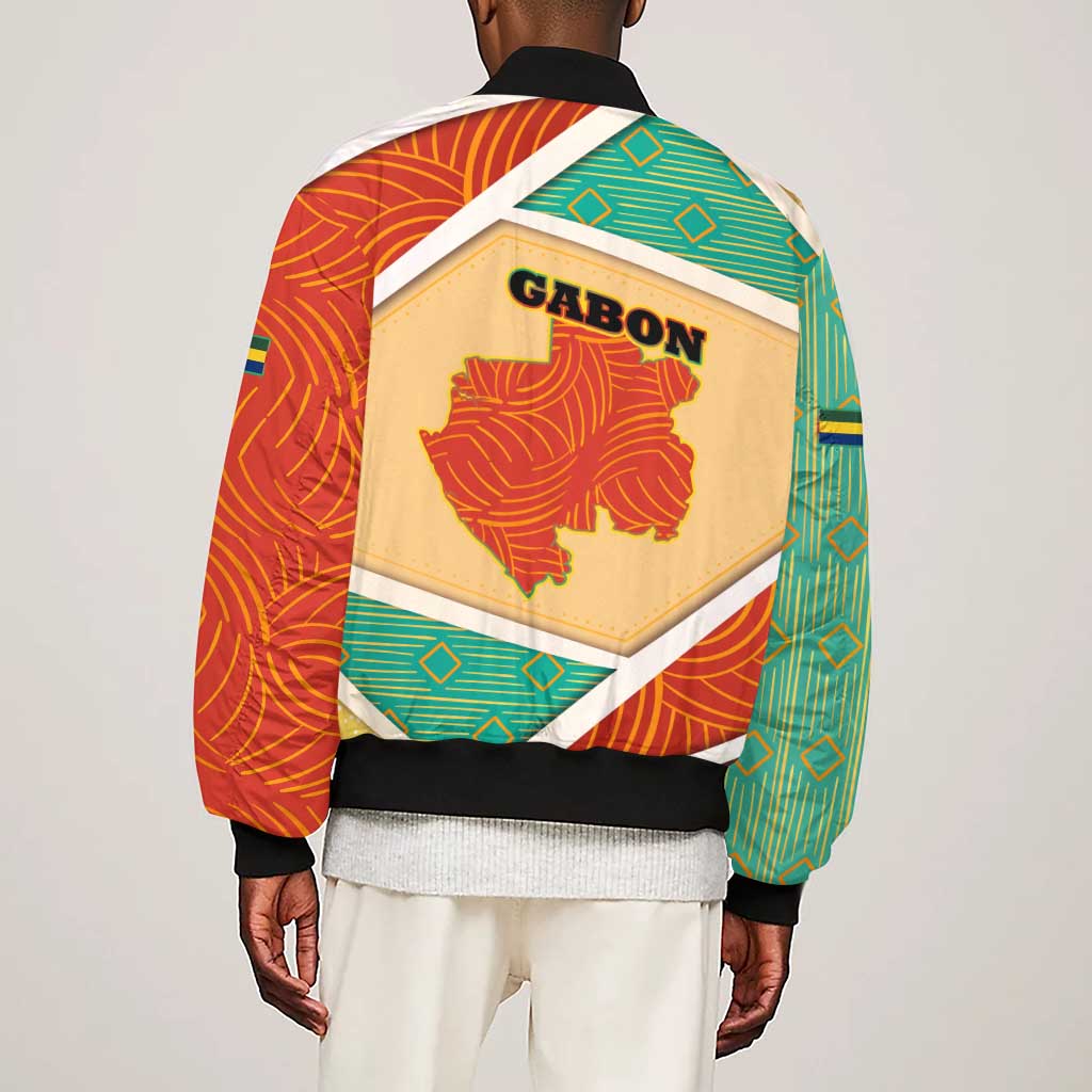 Gabon Sleeve Zip Bomber Jacket - National Coat of Arms and Tribal Pattern Map Design in Bold Colors