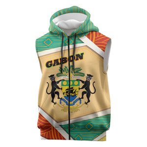 Gabon Sleeveless Zip Hoodie - National Coat of Arms and Tribal Pattern Map Design in Bold Colors - African Pride
