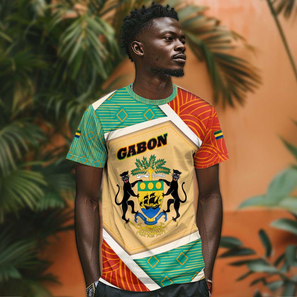 Gabon T shirt - National Coat of Arms and Tribal Pattern Map Design in Bold Colors