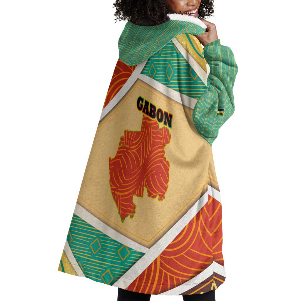 Gabon Wearable Blanket Hoodie - National Coat of Arms and Tribal Pattern Map Design in Bold Colors
