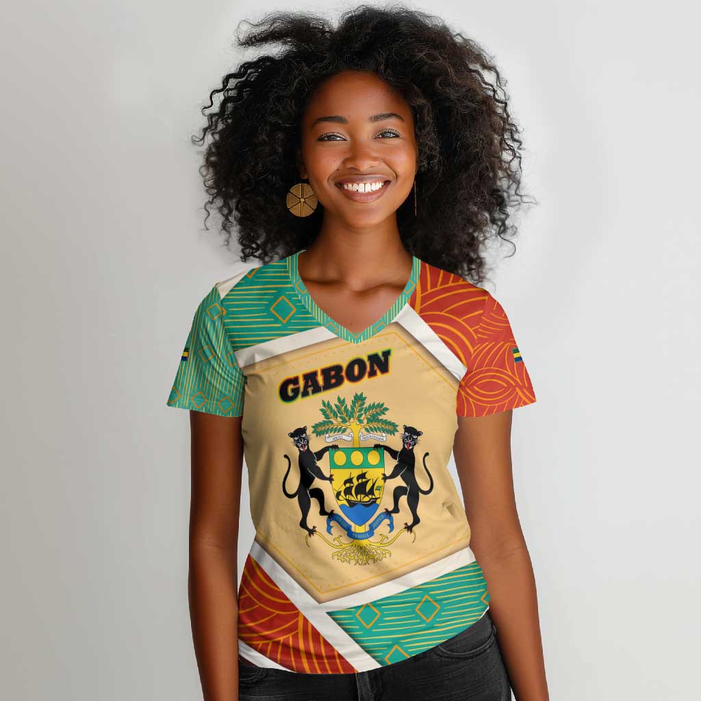 Gabon Women V-Neck T-Shirt - National Coat of Arms and Tribal Pattern Map Design in Bold Colors