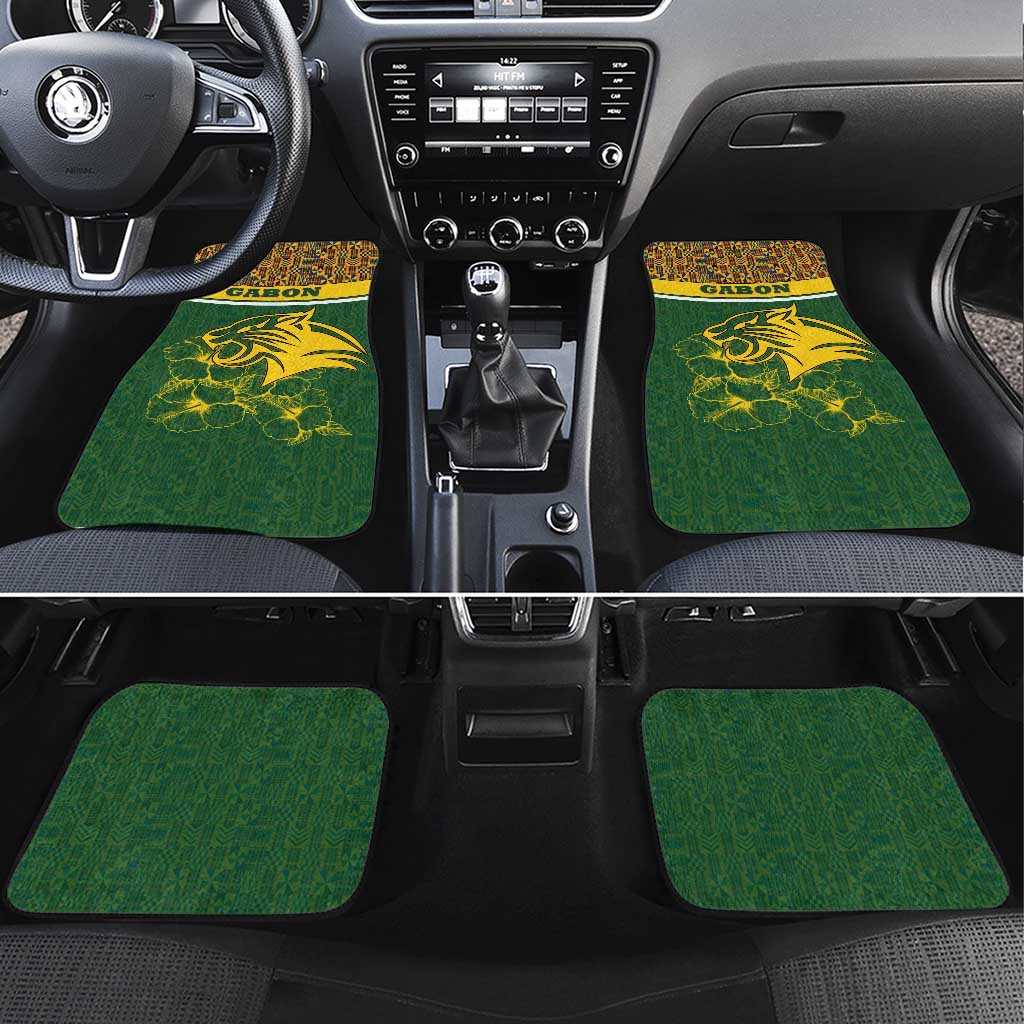 Gabon Car Mats - Tribal Print and Fierce Panther Graphic in National Flag Colors