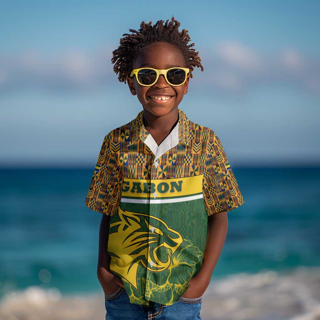 Gabon Kid Hawaiian Shirt - Tribal Print and Fierce Panther Graphic in National Flag Colors