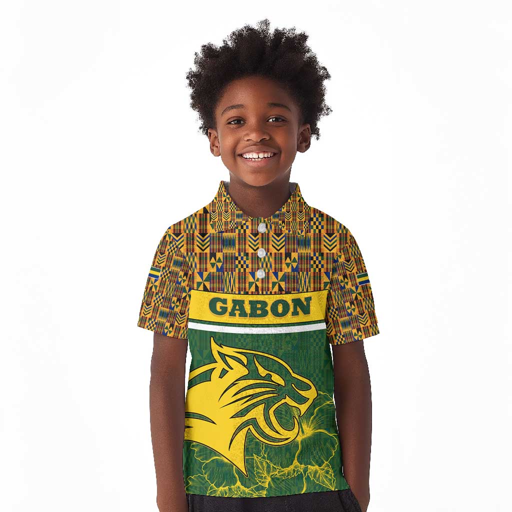 Gabon Kid Polo Shirt - Tribal Print and Fierce Panther Graphic in National Flag Colors
