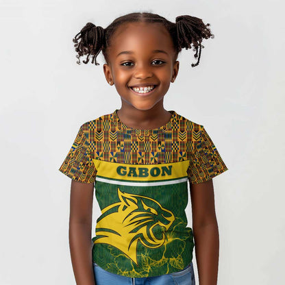 Gabon Kid T shirt - Tribal Print and Fierce Panther Graphic in National Flag Colors