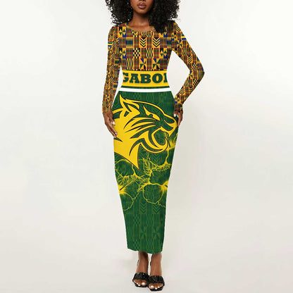 Gabon Long Sleeve Bodycon Dress - Tribal Print and Fierce Panther Graphic in National Flag Colors