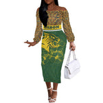 Gabon Off The Shoulder Long Sleeve Dress - Tribal Print and Fierce Panther Graphic in National Flag Colors