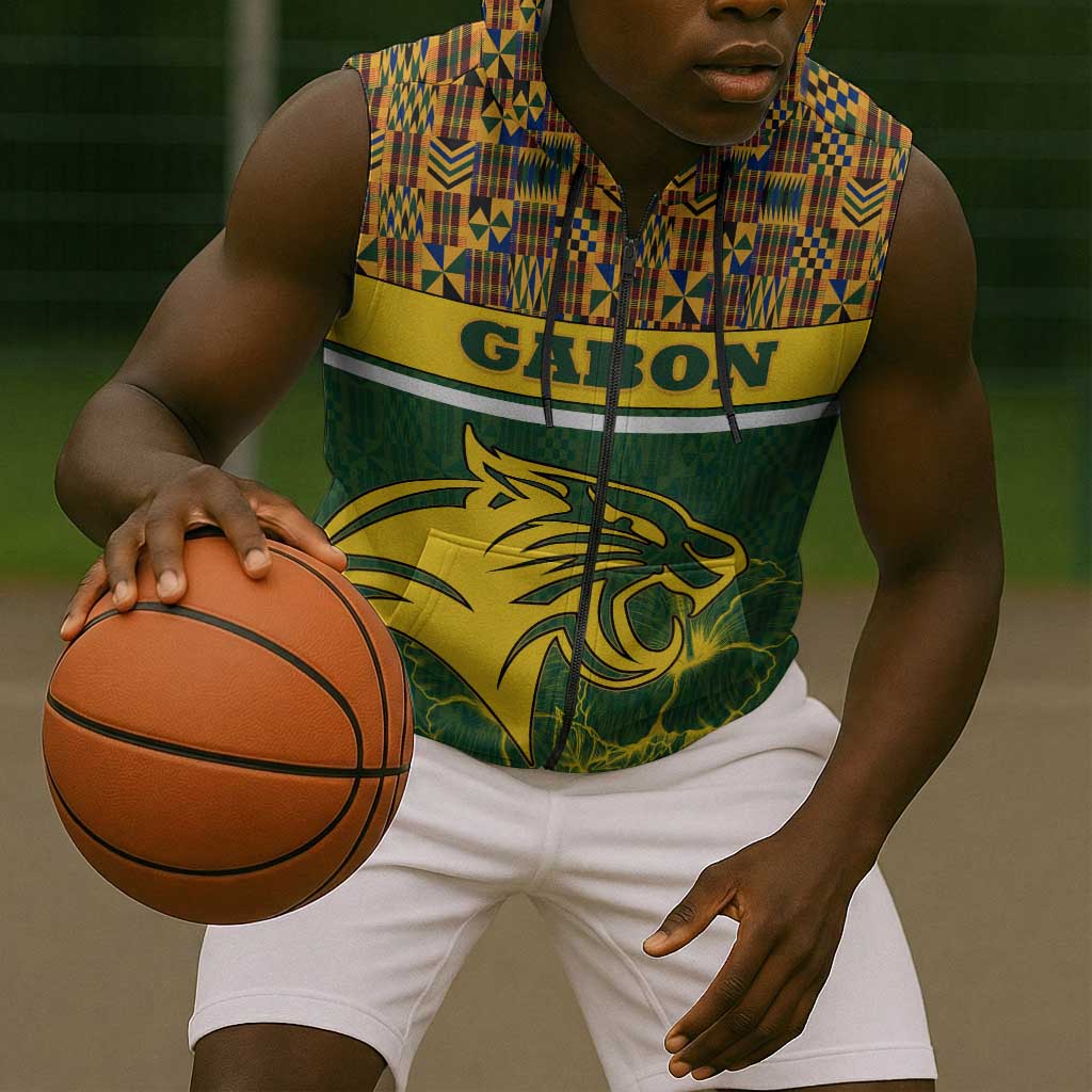 Gabon Sleeveless Zip Hoodie - Tribal Print and Fierce Panther Graphic in National Flag Colors - African Pride
