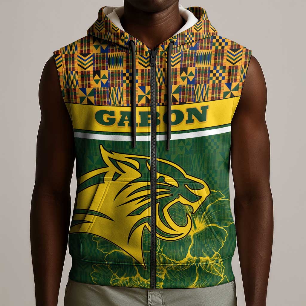 Gabon Sleeveless Zip Hoodie - Tribal Print and Fierce Panther Graphic in National Flag Colors - African Pride