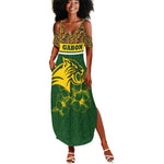 Gabon Summer Maxi Dress - Tribal Print and Fierce Panther Graphic in National Flag Colors