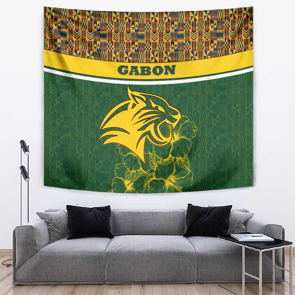 Gabon Tapestry - Tribal Print and Fierce Panther Graphic in National Flag Colors
