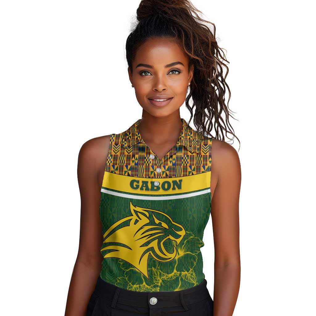 Gabon Women Sleeveless Polo Shirt - Tribal Print and Fierce Panther Graphic in National Flag Colors