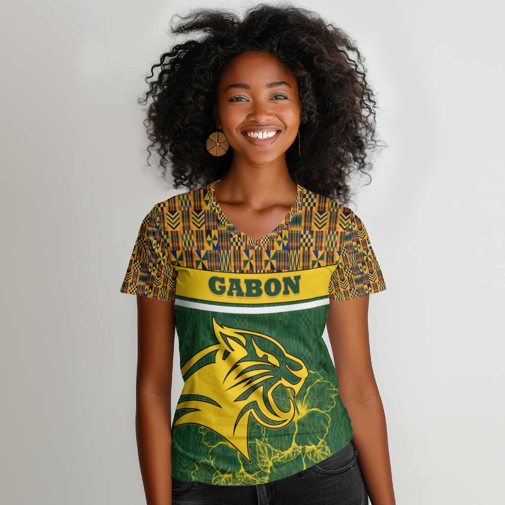 Gabon Women V-Neck T-Shirt - Tribal Print and Fierce Panther Graphic in National Flag Colors