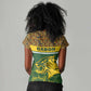 Gabon Women V-Neck T-Shirt - Tribal Print and Fierce Panther Graphic in National Flag Colors