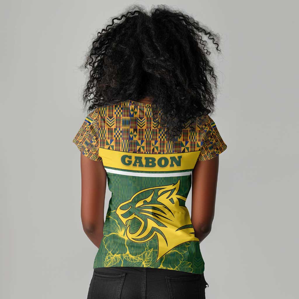 Gabon Women V-Neck T-Shirt - Tribal Print and Fierce Panther Graphic in National Flag Colors