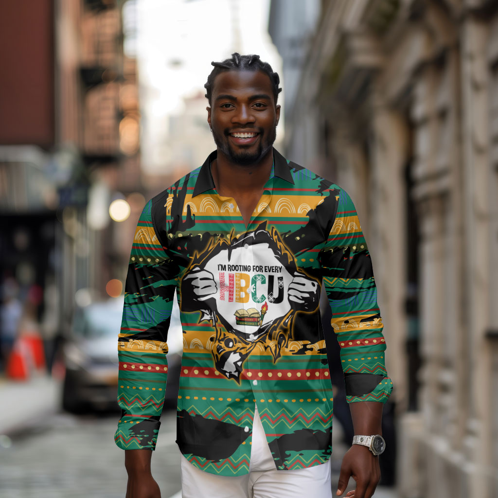 Rooting For Every HBCU Long Sleeve Button Shirt Pan African Kente Pattern - History And Knowledge Torch