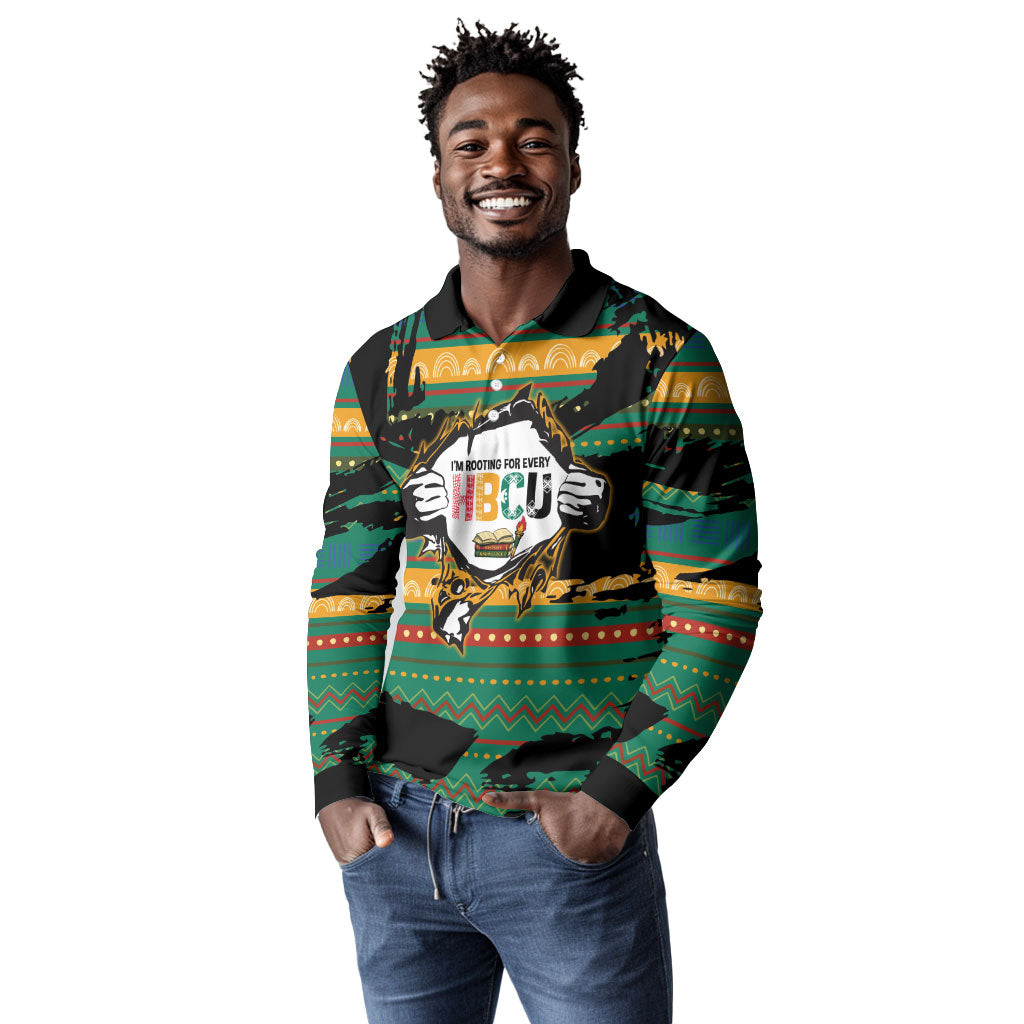 Rooting For Every HBCU Long Sleeve Polo Shirt Pan African Kente Pattern - History And Knowledge Torch