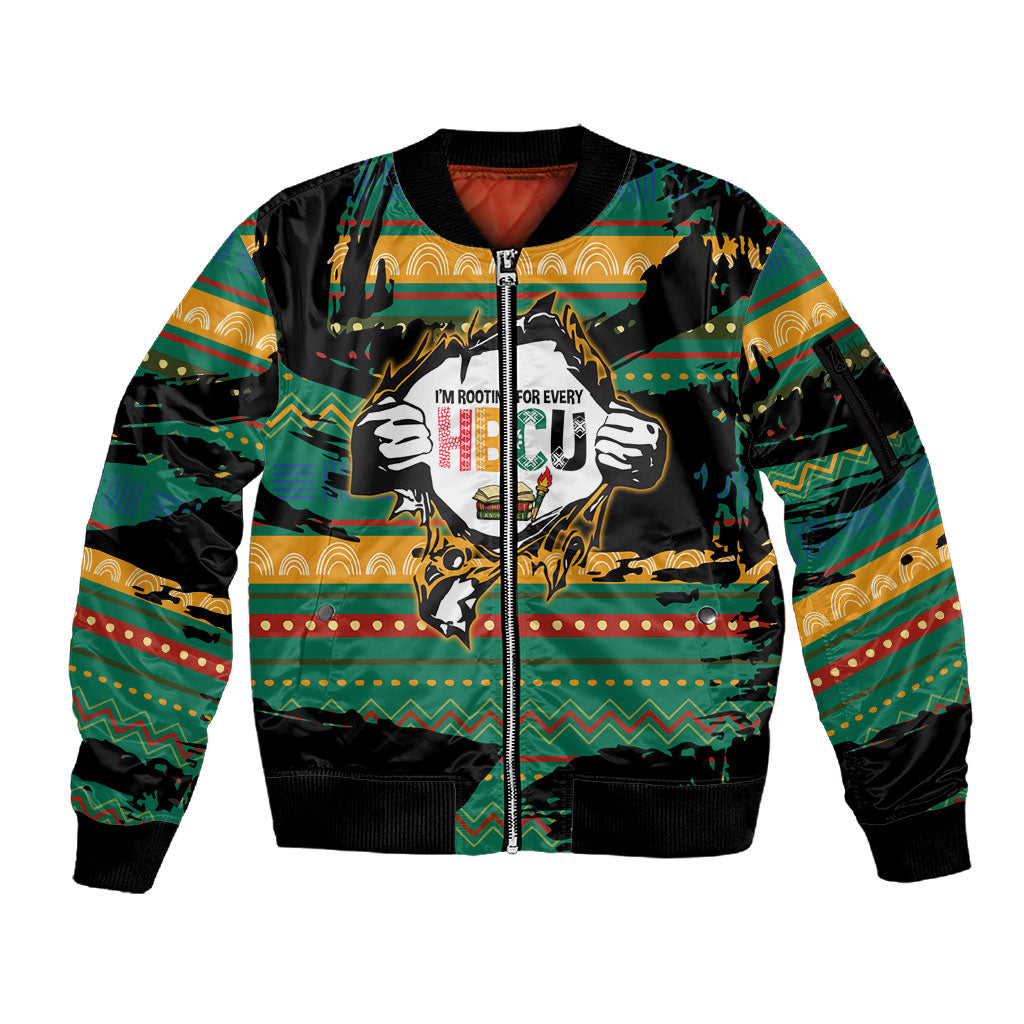 Rooting For Every HBCU Sleeve Zip Bomber Jacket Pan African Kente Pattern - History And Knowledge Torch