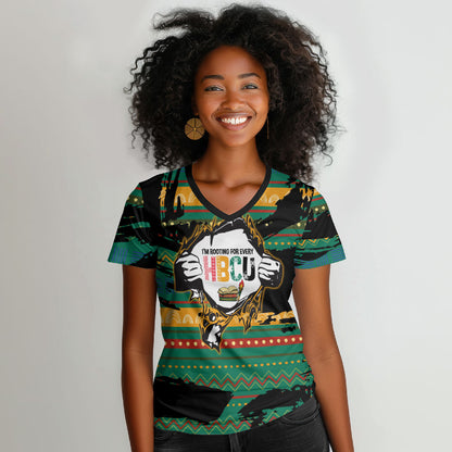 Rooting For Every HBCU Women V-Neck T-Shirt Pan African Kente Pattern - History And Knowledge Torch