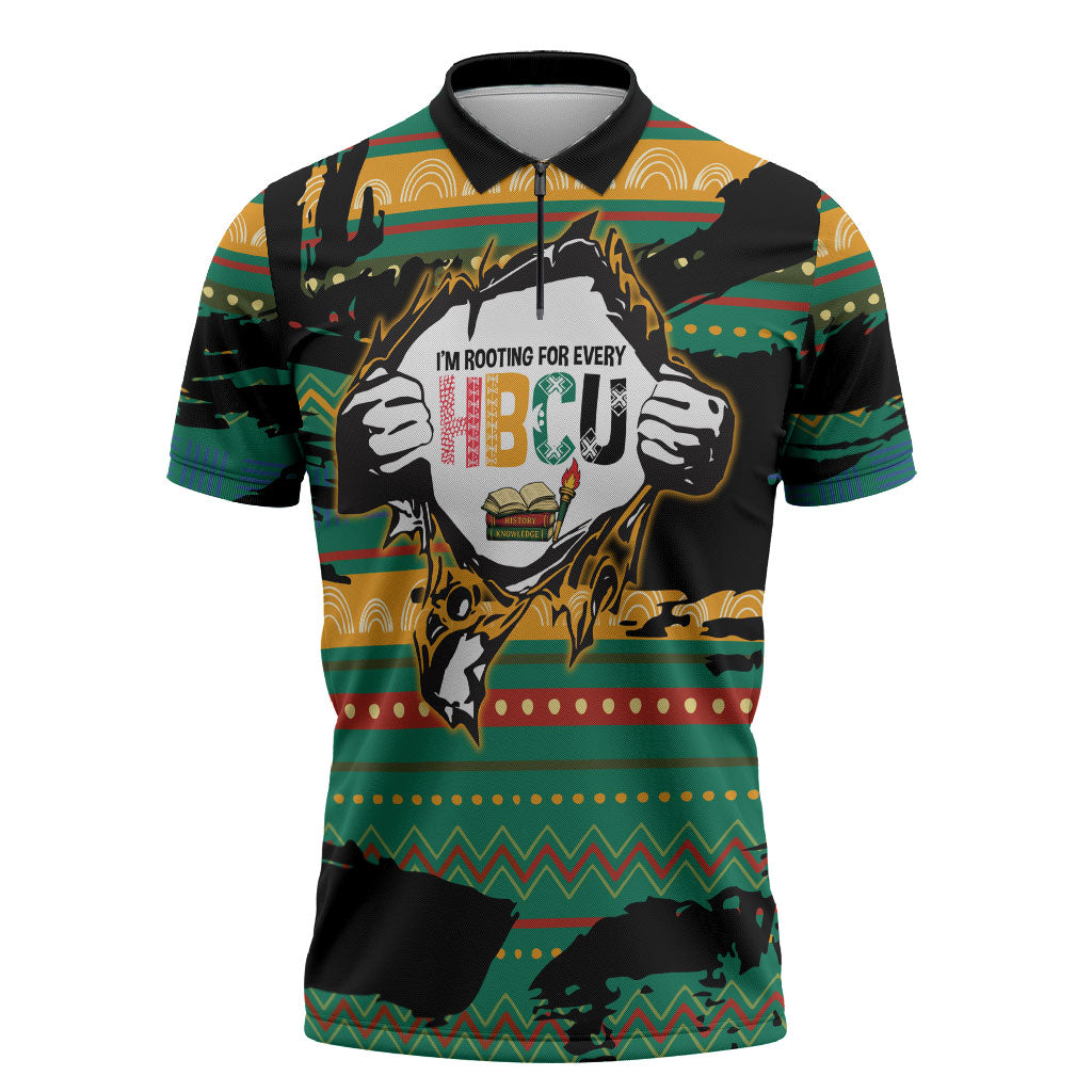Rooting For Every HBCU Zipper Polo Shirt Pan African Kente Pattern - History And Knowledge Torch