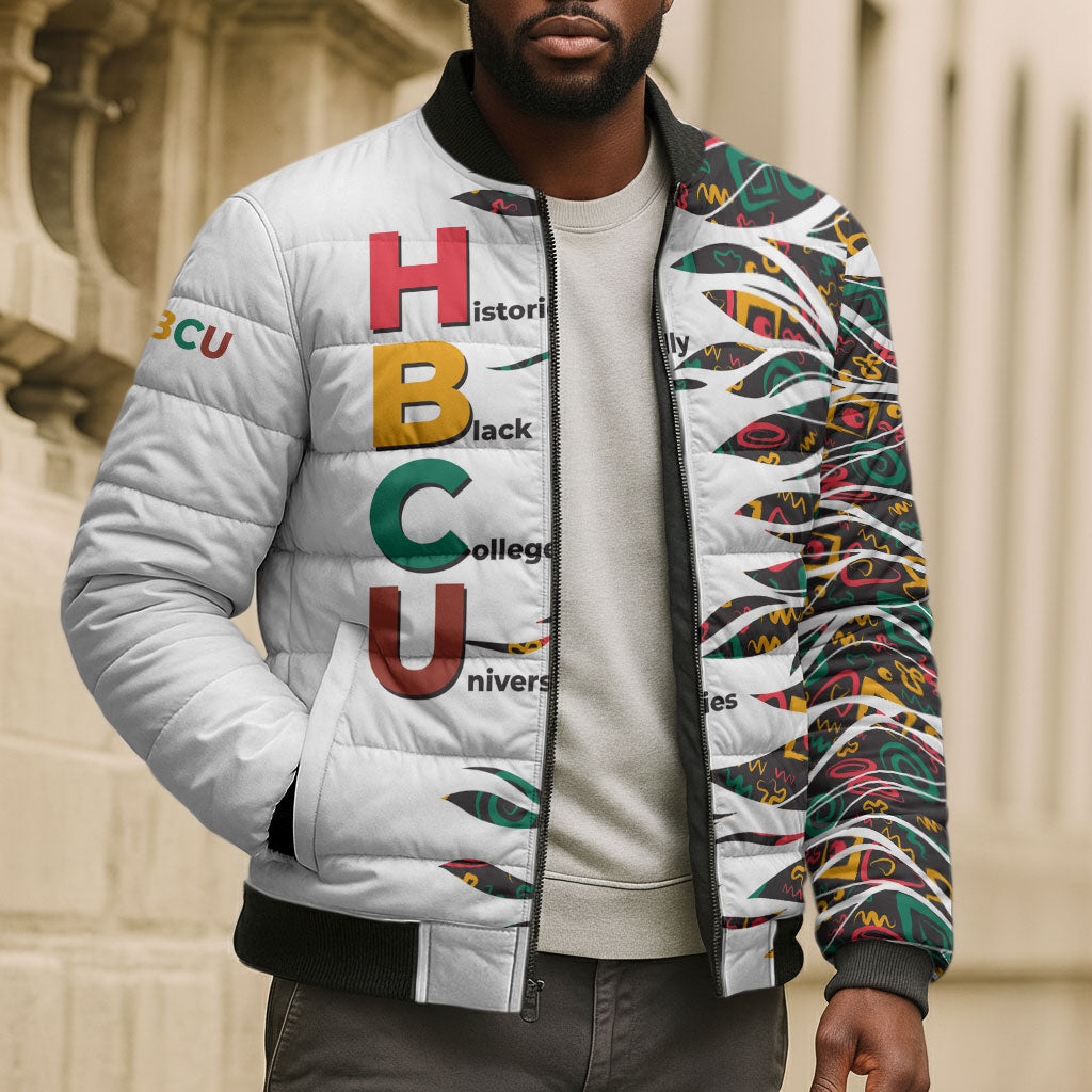 Historically Black Colleges Universities HBCU Bomber Puffer Jacket Pan African Colors Tribal Pattern Typography