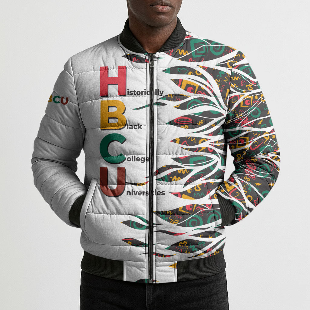 Historically Black Colleges Universities HBCU Bomber Puffer Jacket Pan African Colors Tribal Pattern Typography