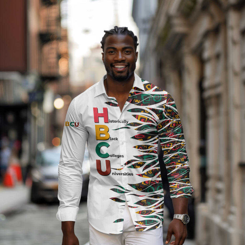 Historically Black Colleges Universities HBCU Long Sleeve Button Shirt Pan African Colors Tribal Pattern Typography