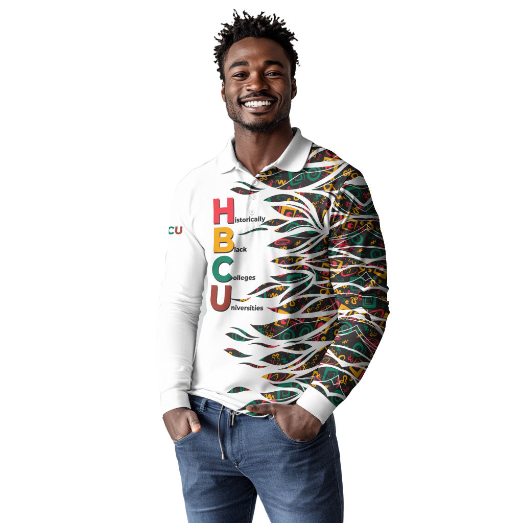 Historically Black Colleges Universities HBCU Long Sleeve Polo Shirt Pan African Colors Tribal Pattern Typography