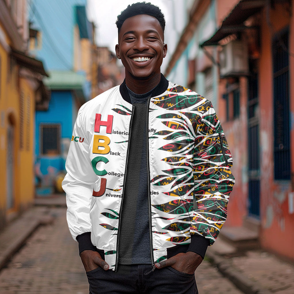 Historically Black Colleges Universities HBCU Sleeve Zip Bomber Jacket Pan African Colors Tribal Pattern Typography
