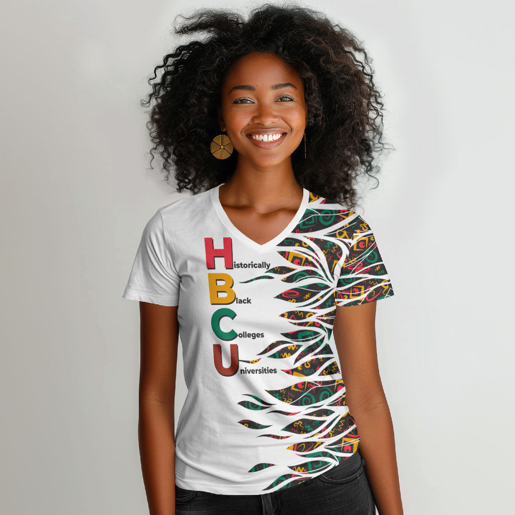 Historically Black Colleges Universities HBCU Women V-Neck T-Shirt Pan African Colors Tribal Pattern Typography