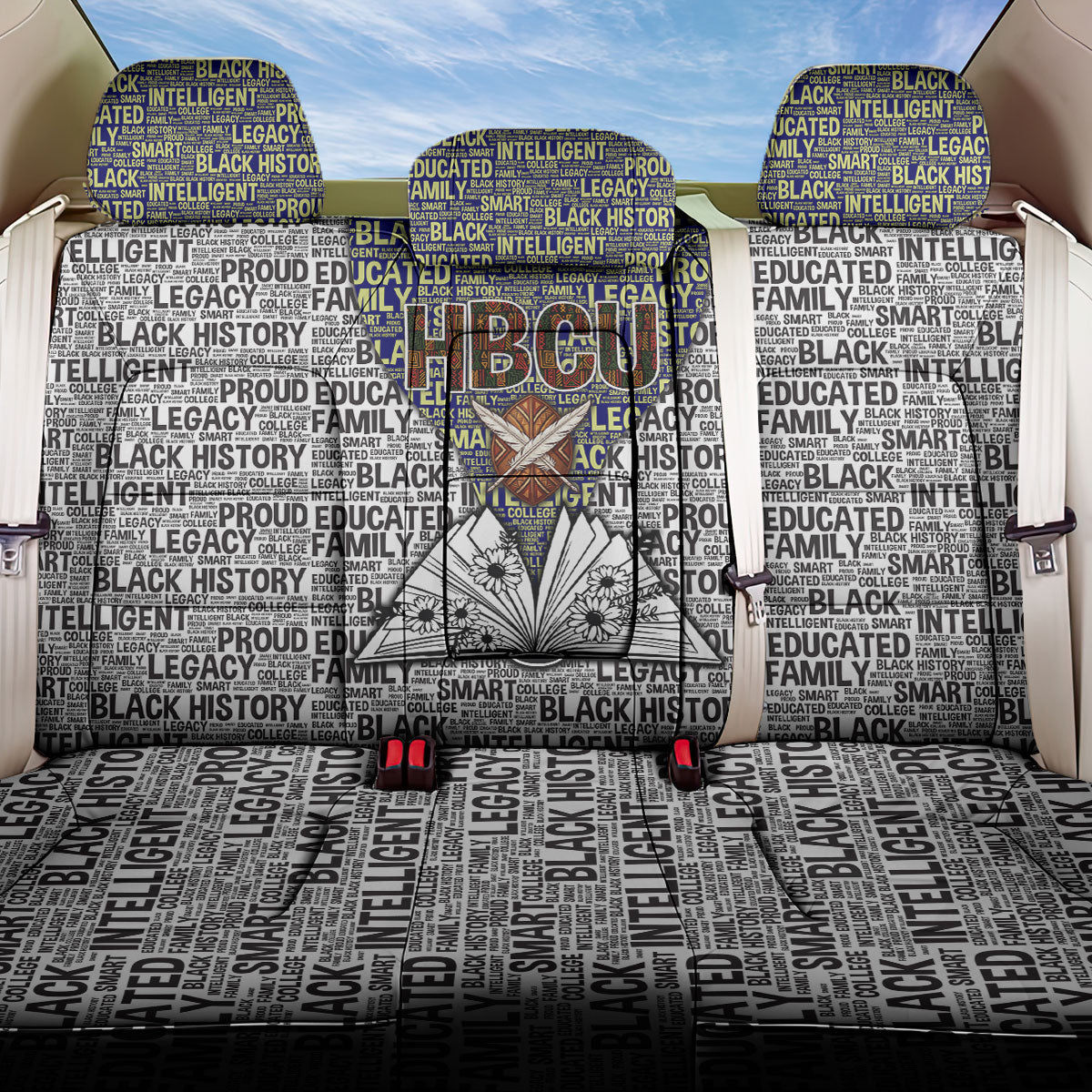 HBCU Black History Legacy Back Car Seat Cover Word Cloud African Shield Knowledge Book