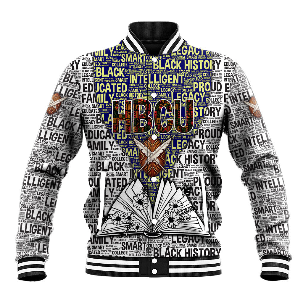 HBCU Black History Legacy Baseball Jacket Word Cloud African Shield Knowledge Book