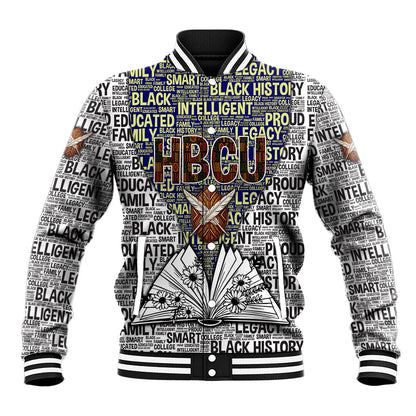 HBCU Black History Legacy Baseball Jacket Word Cloud African Shield Knowledge Book