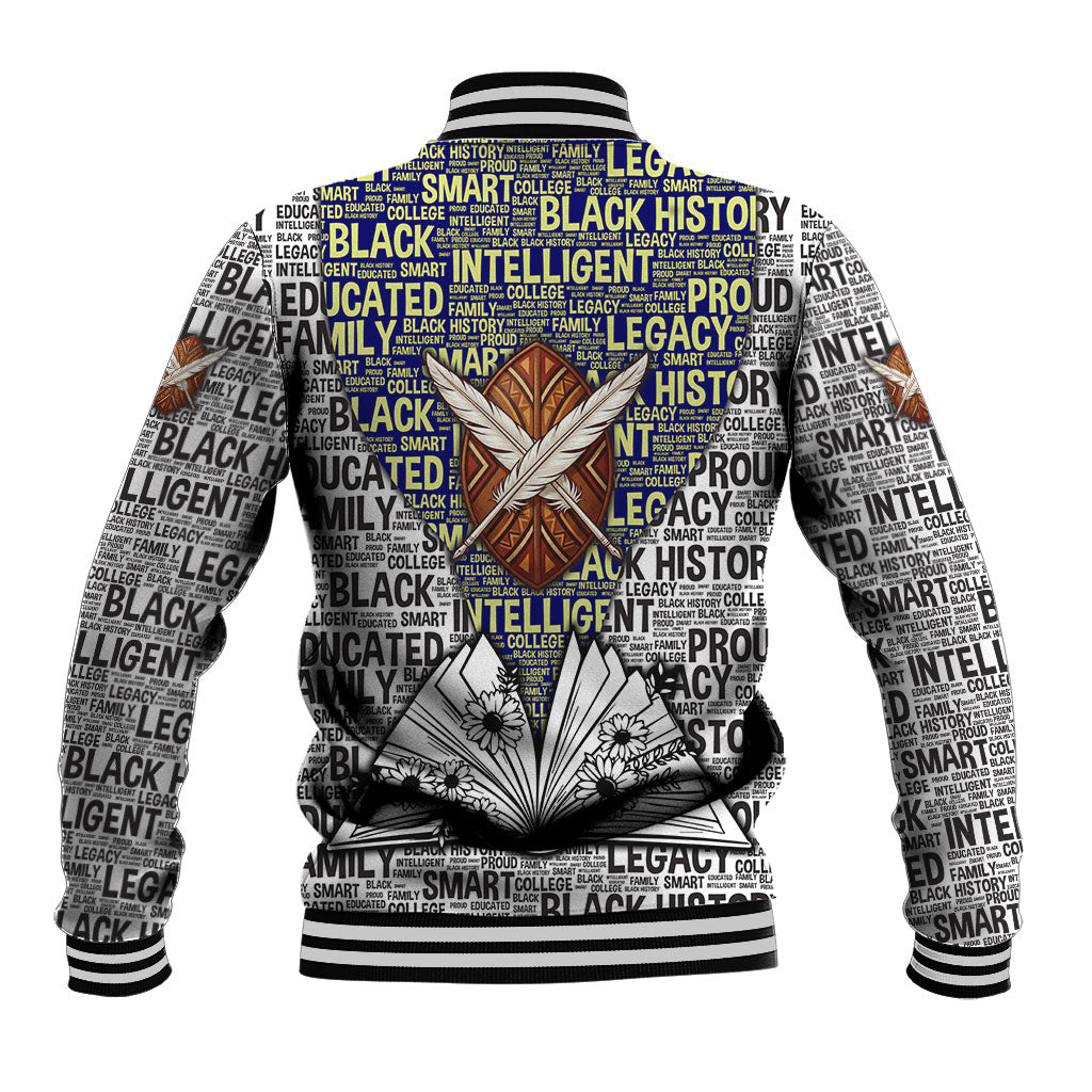 HBCU Black History Legacy Baseball Jacket Word Cloud African Shield Knowledge Book