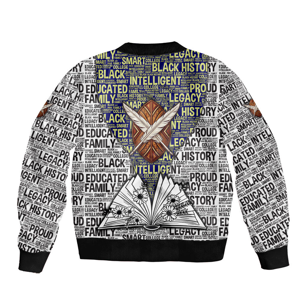 HBCU Black History Legacy Bomber Jacket Word Cloud African Shield Knowledge Book