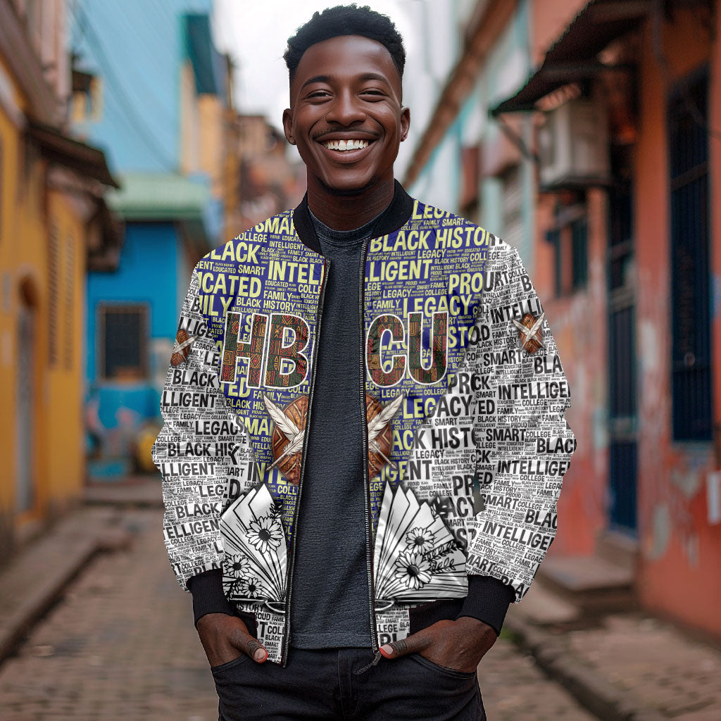HBCU Black History Legacy Bomber Jacket Word Cloud African Shield Knowledge Book