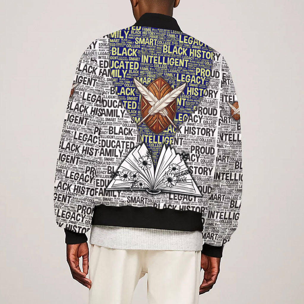 HBCU Black History Legacy Bomber Jacket Word Cloud African Shield Knowledge Book