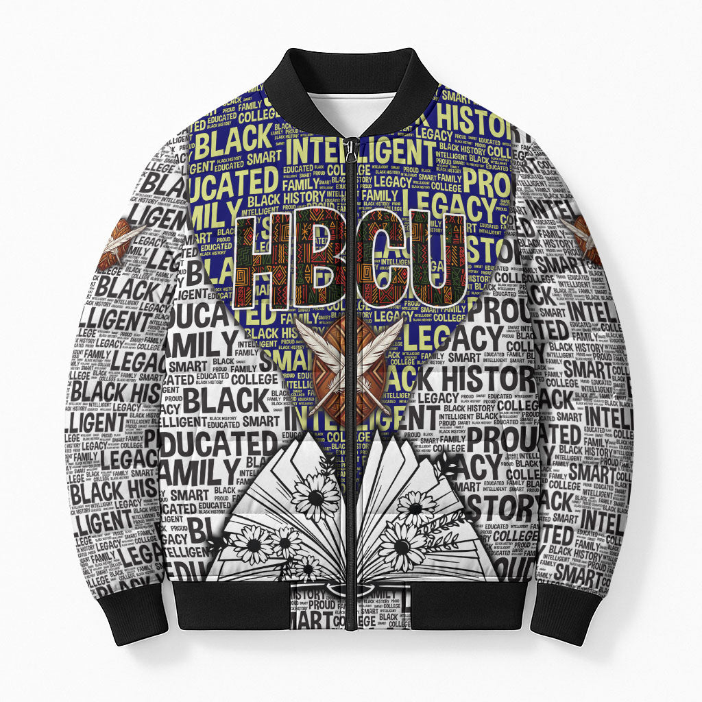 HBCU Black History Legacy Bomber Puffer Jacket Word Cloud African Shield Knowledge Book