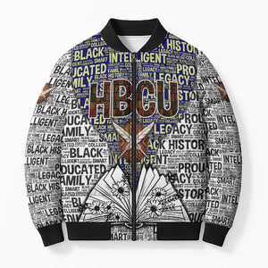 HBCU Black History Legacy Bomber Puffer Jacket Word Cloud African Shield Knowledge Book