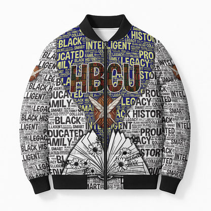 HBCU Black History Legacy Bomber Puffer Jacket Word Cloud African Shield Knowledge Book