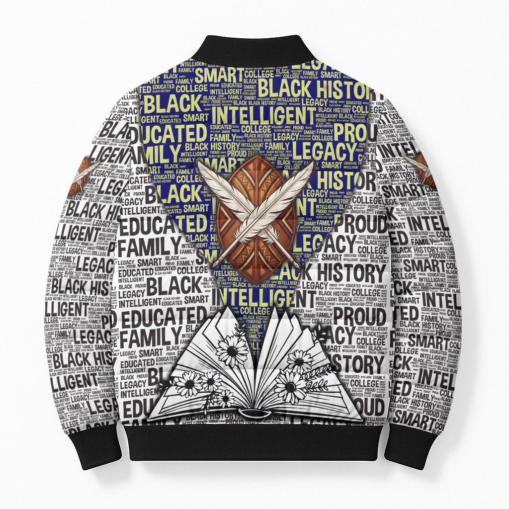 HBCU Black History Legacy Bomber Puffer Jacket Word Cloud African Shield Knowledge Book