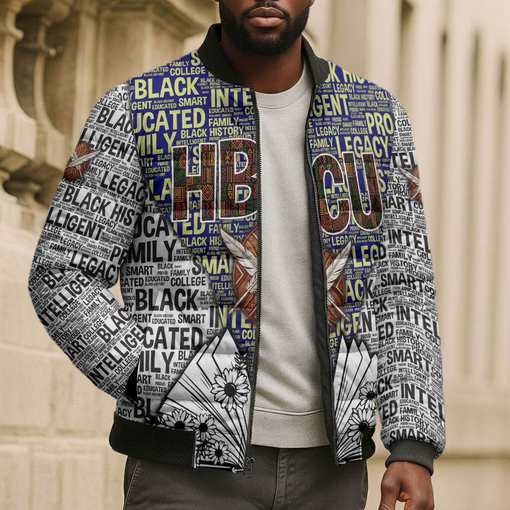 HBCU Black History Legacy Bomber Puffer Jacket Word Cloud African Shield Knowledge Book