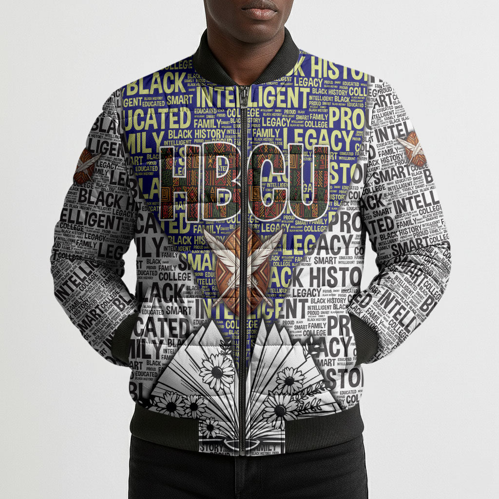 HBCU Black History Legacy Bomber Puffer Jacket Word Cloud African Shield Knowledge Book